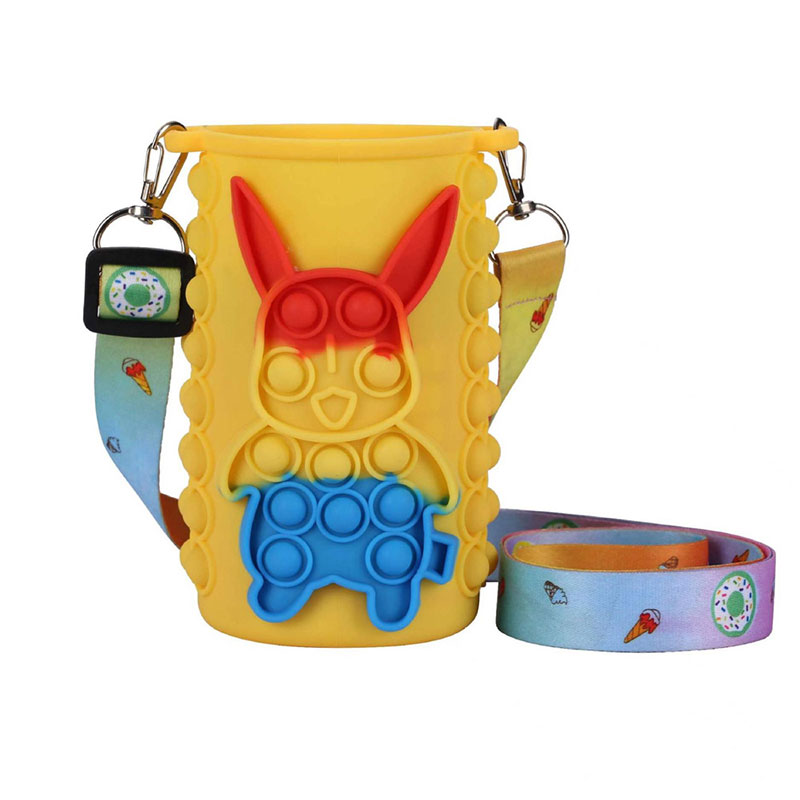 Silicone Bottle Sleeve with 3D Patterns and Shoulder Strap for Children's Insulated Cups